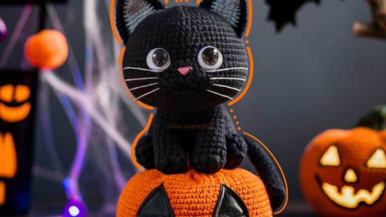 Adorable Halloween Crochet Black Cat Sitting On a Pumpkin